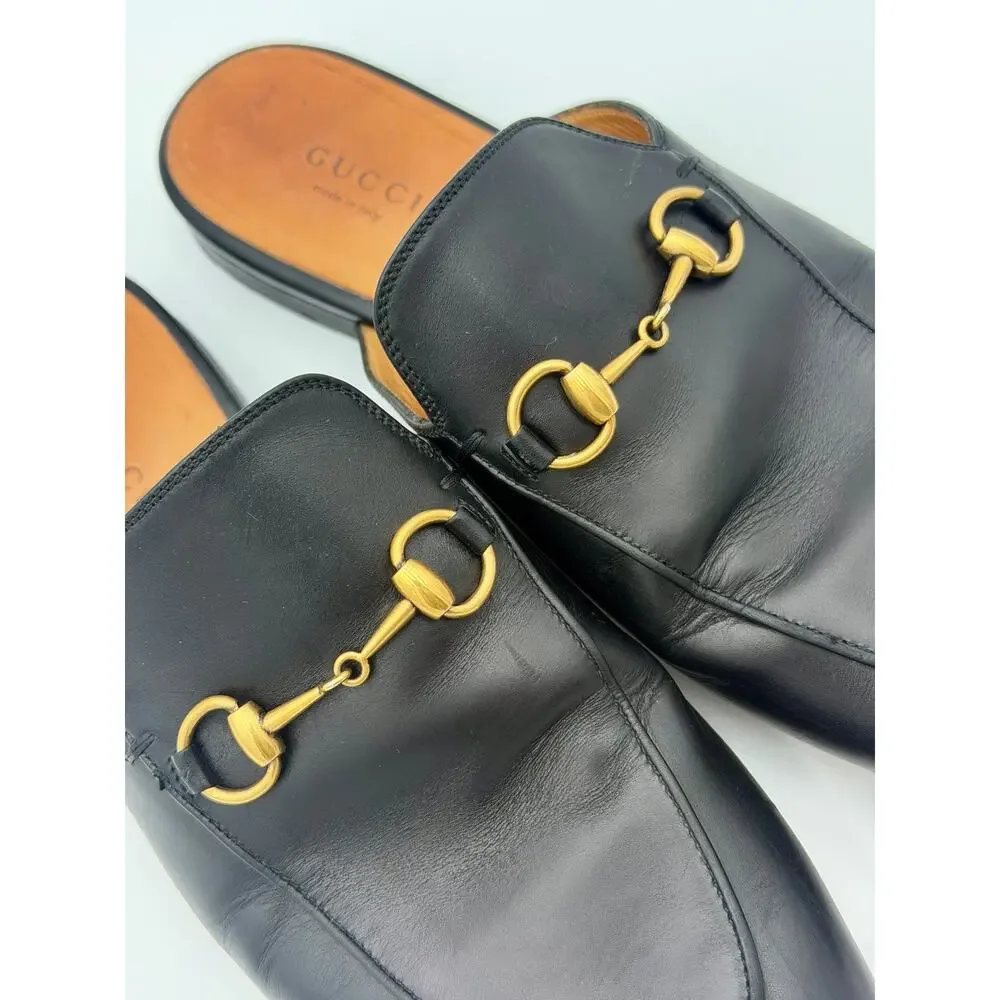 Authentic Gucci Princetown Horsebit Loafers Mules Black Leather Size 38.5 / 8.5